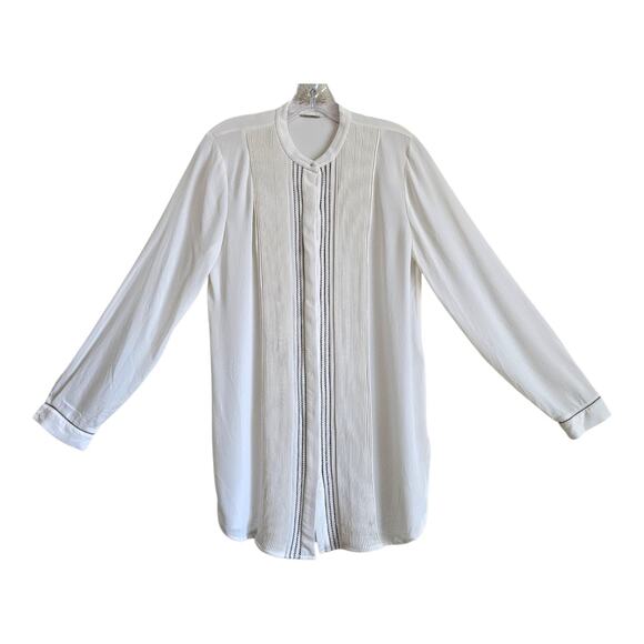 ELIE TAHARI Women's M Piper Silk Blouse Cream Button Up Pleated Embroidered 38" - Picture 1 of 8